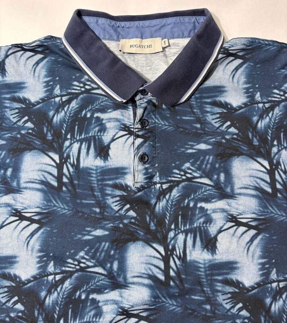 Bugatchi Men's Polo shirt 2xl Blue Hawaiian Palms Short Sleeve